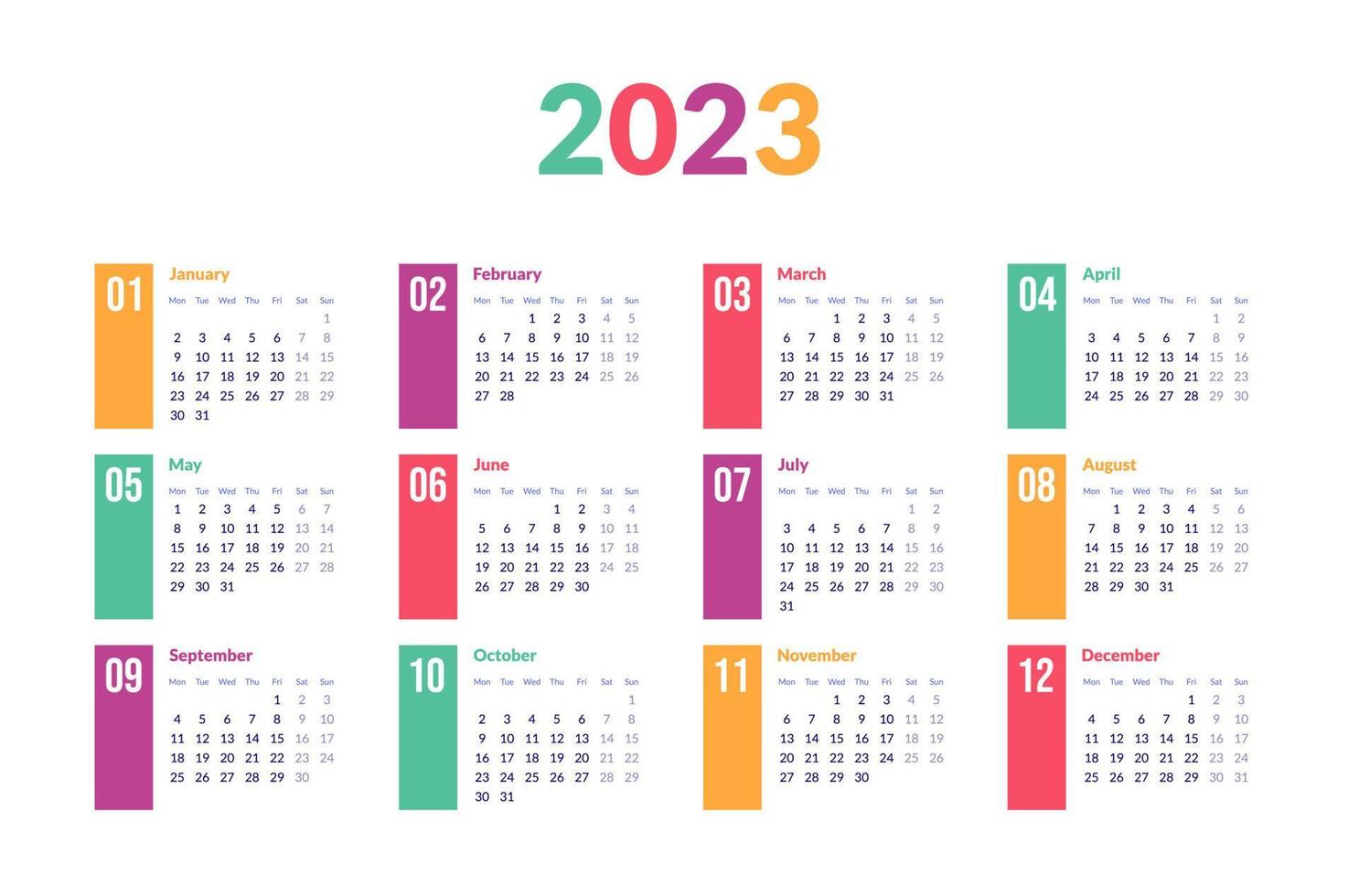 calendario 2023 diseño de vector de diseño elegante y moderno para la escuela de oficina o el hogar con cuadrícula de tres filas y cuatro columnas