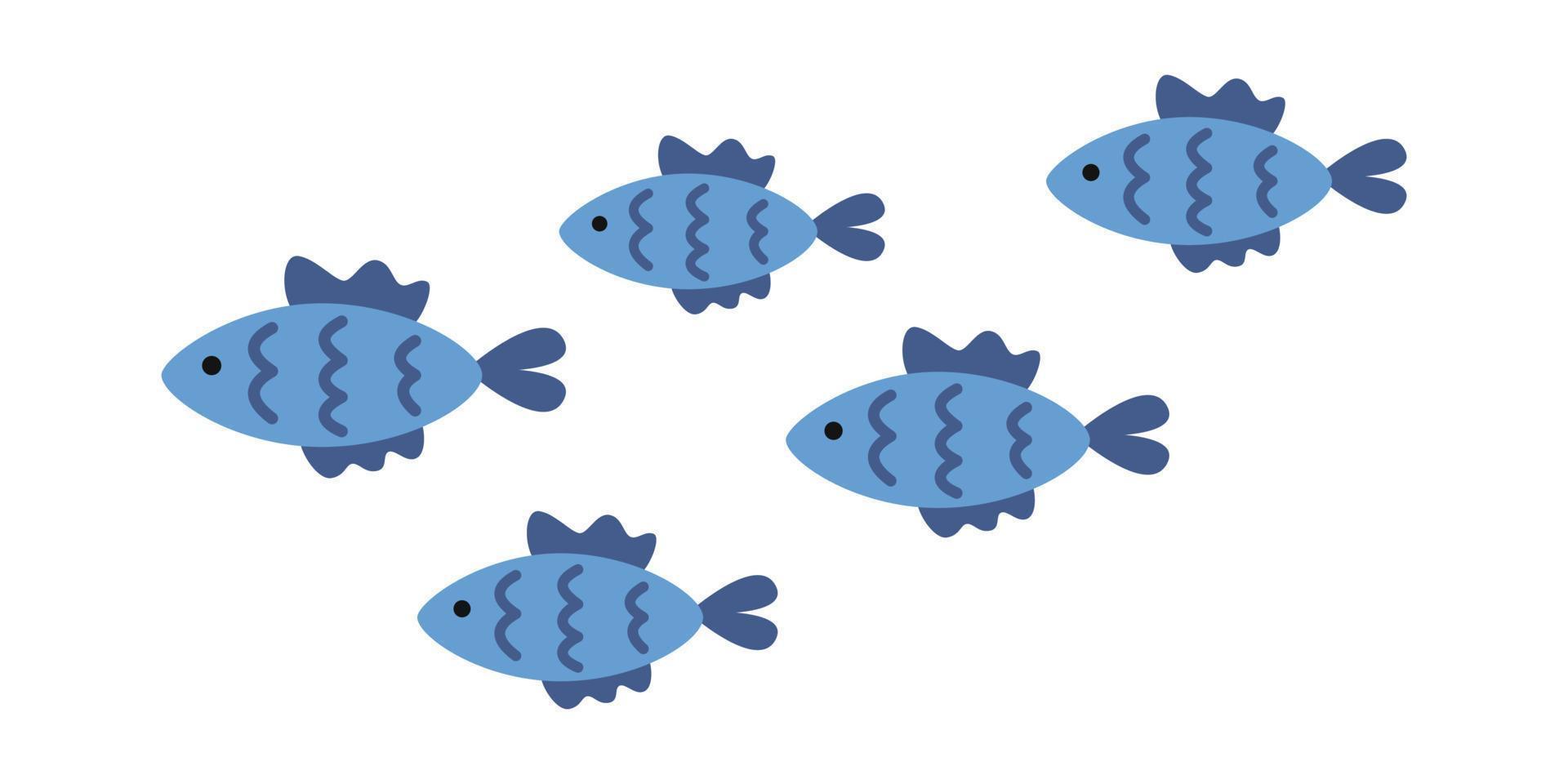 Vector school of fish. Blue fishes in flat design. Groups of sea fishes. Marine life.