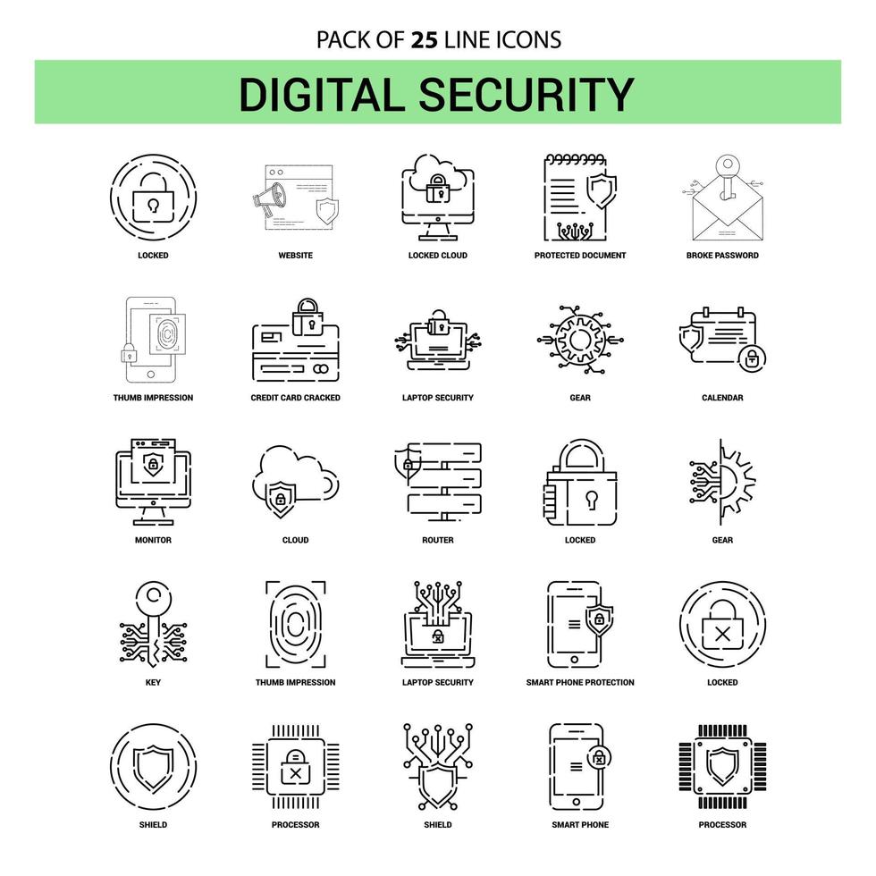 conjunto de iconos de línea de seguridad digital 25 estilo de contorno discontinuo vector