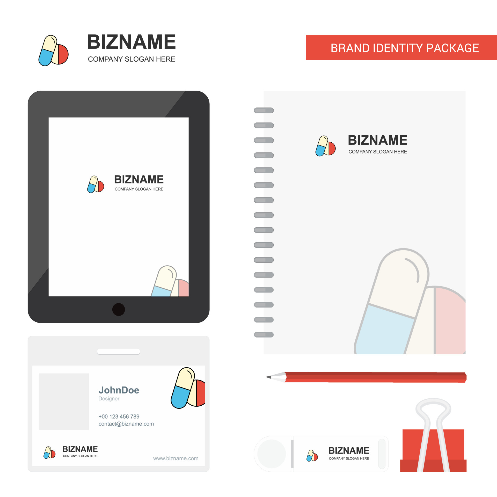 Medicine Business Logo Tab App Diary PVC Employee Card and USB Brand Stationary Package Design
