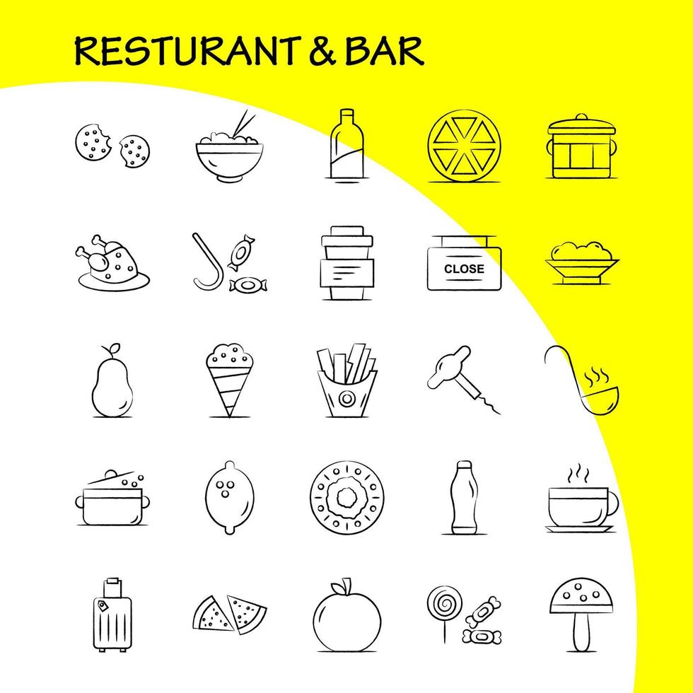 icono dibujado a mano de restaurante y bar para impresión web y kit de uxui móvil, como pizza de pieza de comida, comida, comida, patata, comida, paquete de pictogramas, vector