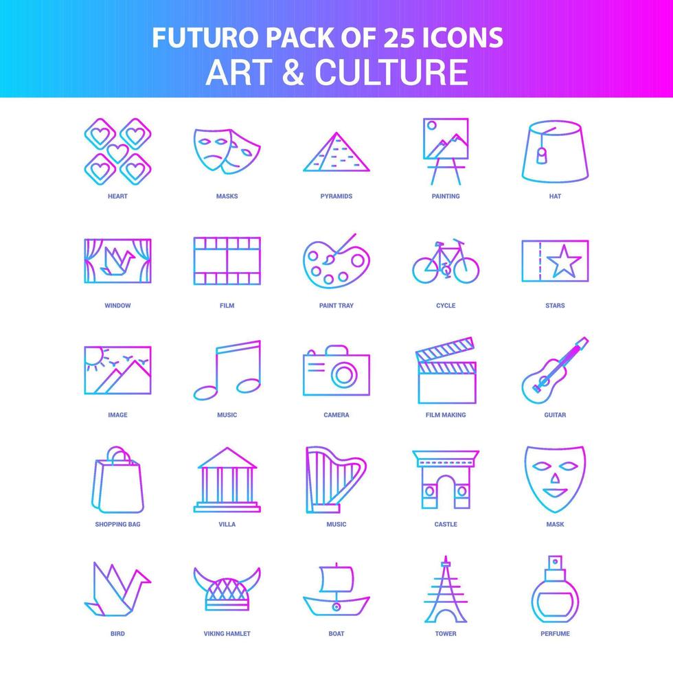 25 paquete de iconos de arte y cultura del futuro azul y rosa vector