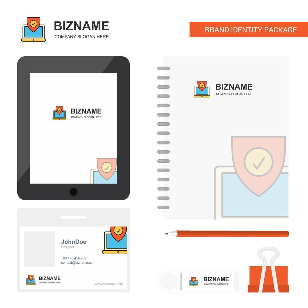 Protected laptop Business Logo Tab App Diary PVC Employee Card and USB Brand Stationary Package Design Vector Template