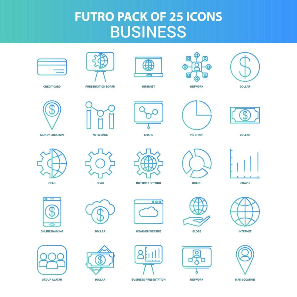 25 paquete de iconos de negocios de futuro verde y azul vector