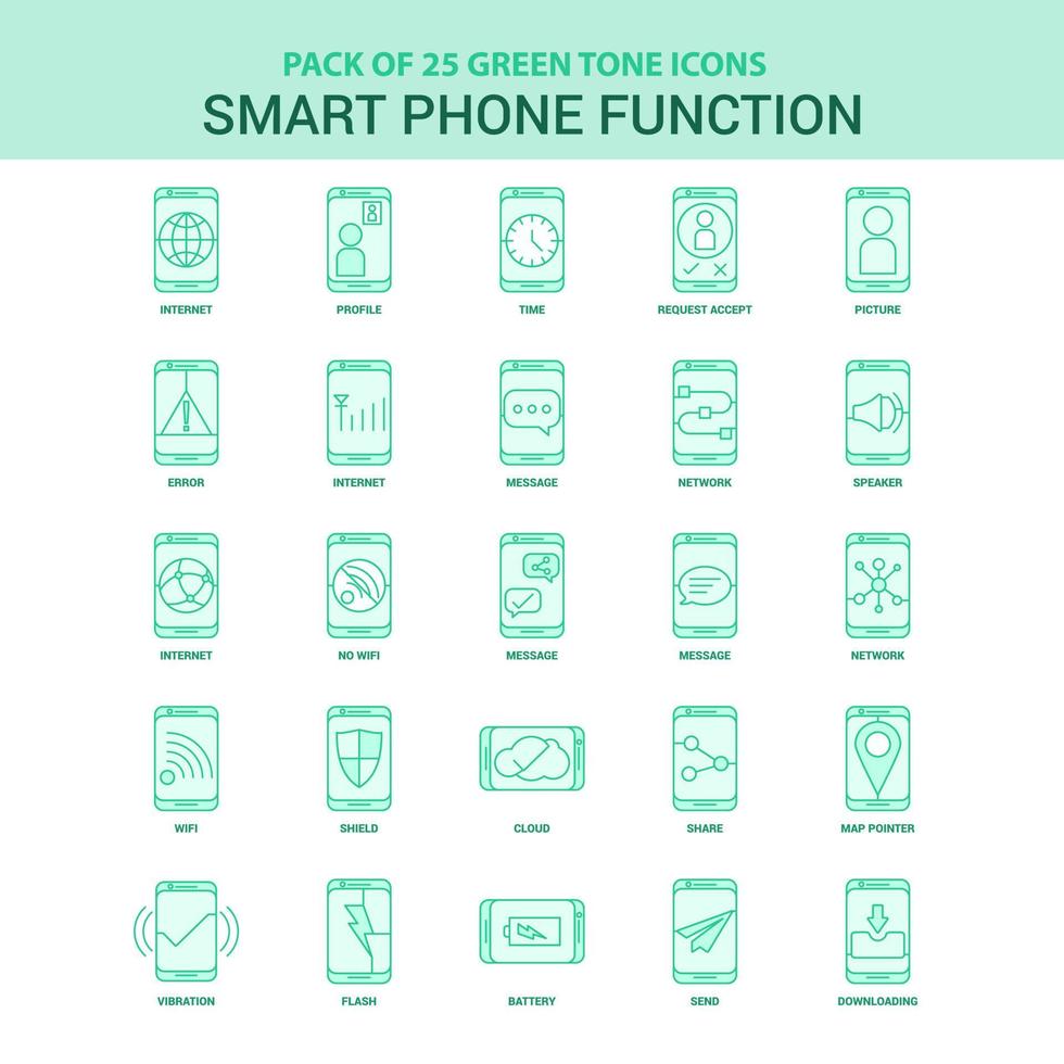 25 Green Smart phone functions Icon set vector