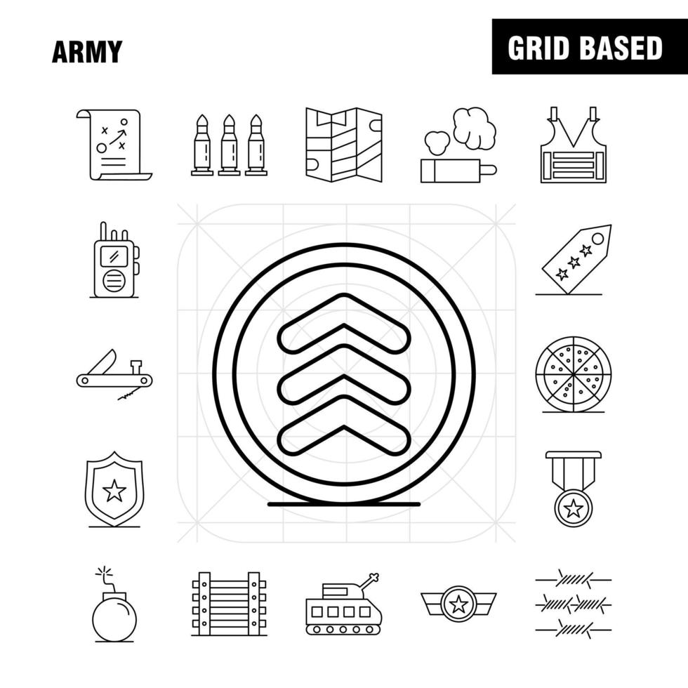 Army Line Icons Set For Infographics Mobile UXUI Kit And Print Design Include Monitor Badge Enforcement Law Army Barbed Wire French Icon Set Vector