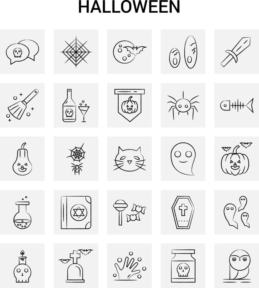 25 Hand Drawn Halloween icon set Gray Background Vector Doodle
