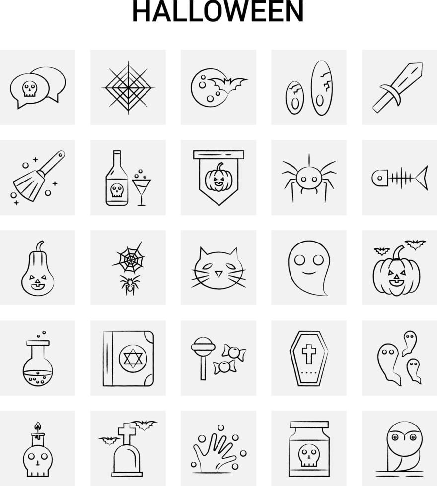 25 conjunto de iconos de halloween dibujados a mano doodle de vector de fondo gris