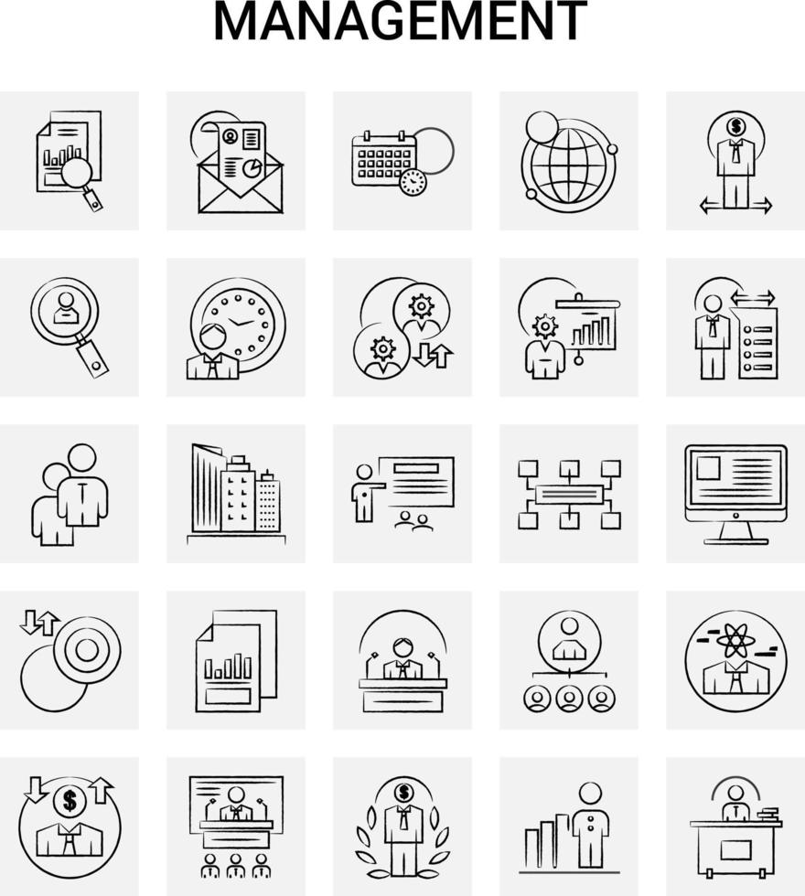 25 conjunto de iconos de gestión dibujados a mano fondo gris garabato vectorial vector