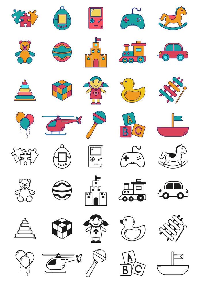 colección de iconos de vector de juguetes de color y blanco y negro