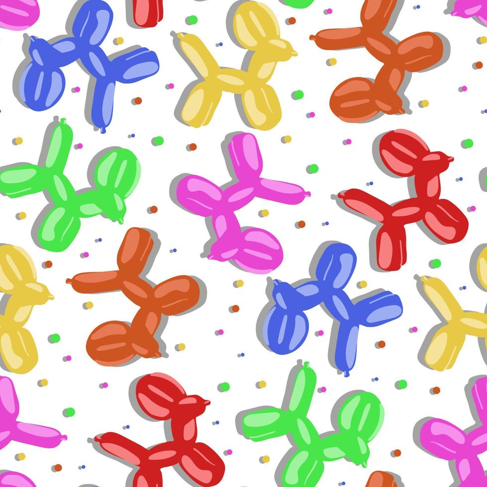 A pattern of bright balloons. White background with red, yellow, orange, green, purple balls in the form of dogs. Suitable for printed products on fabric and paper. Packaging, banner, clothing. vector