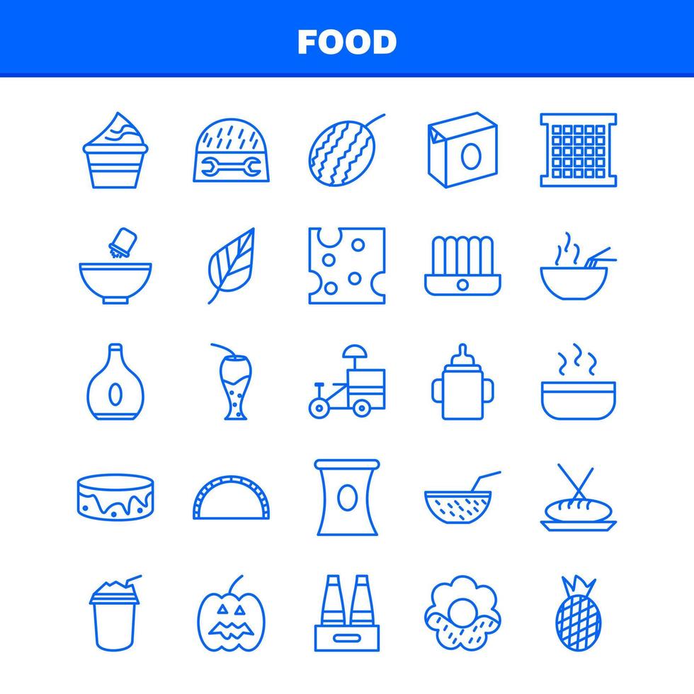 los iconos de línea de alimentos establecidos para el kit de uxui móvil de infografía y el diseño de impresión incluyen fruta, agua, melón, comida, jugo de fruta, colección de alimentos, logotipo infográfico moderno y vector de pictograma