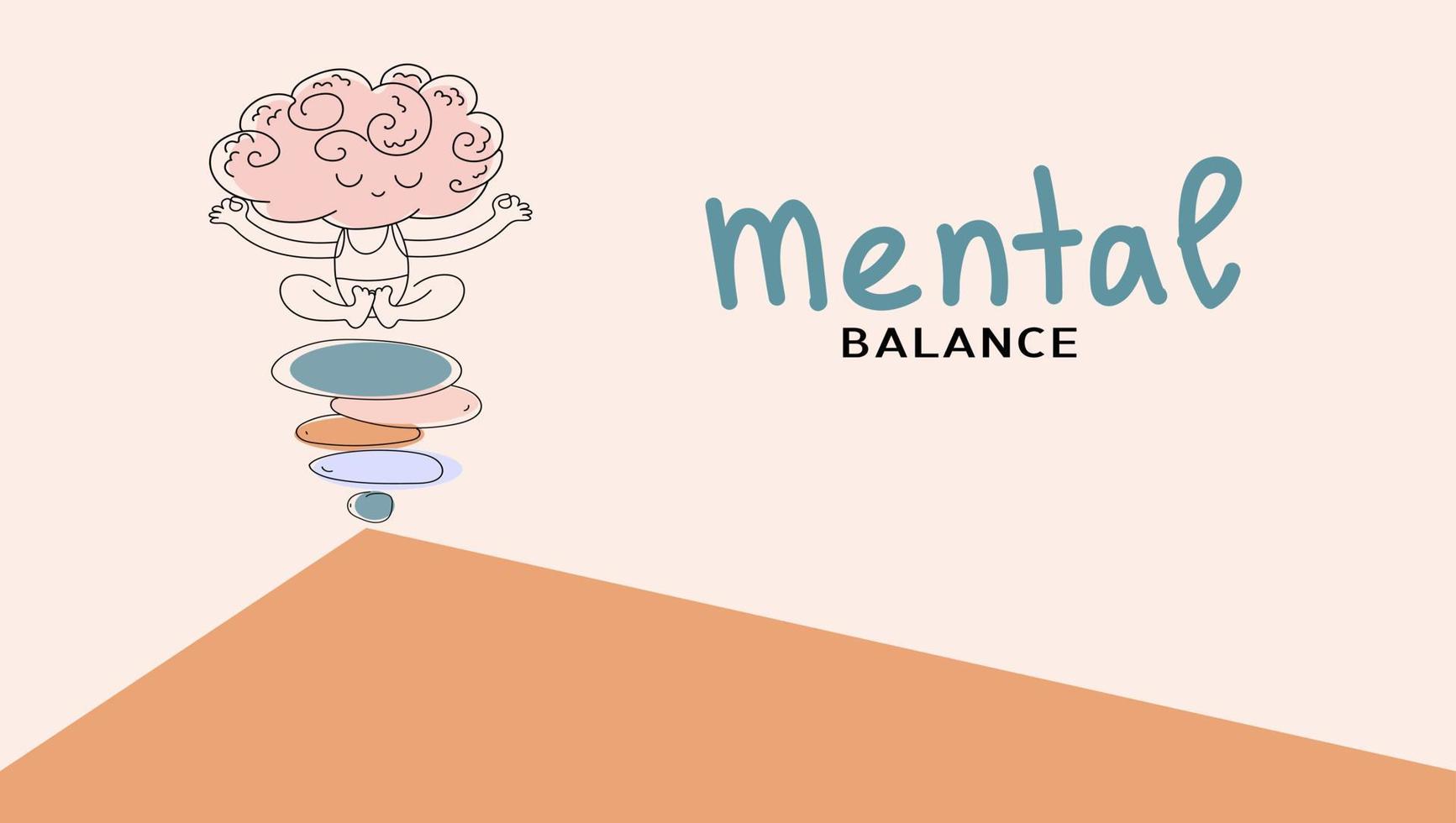 Cute funny brain character meditate sitting on stack of zen rock pyramid. Equality, Mental stability concept. Vector doodle illustration.