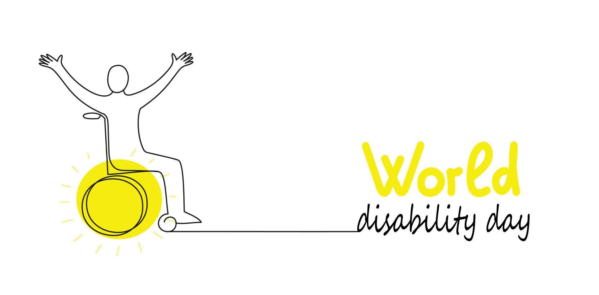 Person in wheelchair. World Disability day vector doodle banner. Continuous line drawing illustration for social media.