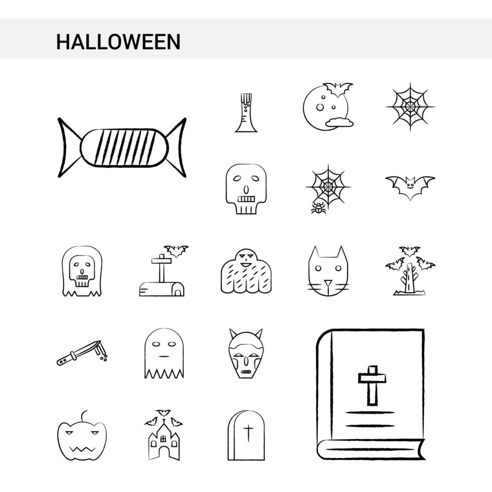 estilo de conjunto de iconos dibujados a mano de halloween aislado en vector de fondo blanco