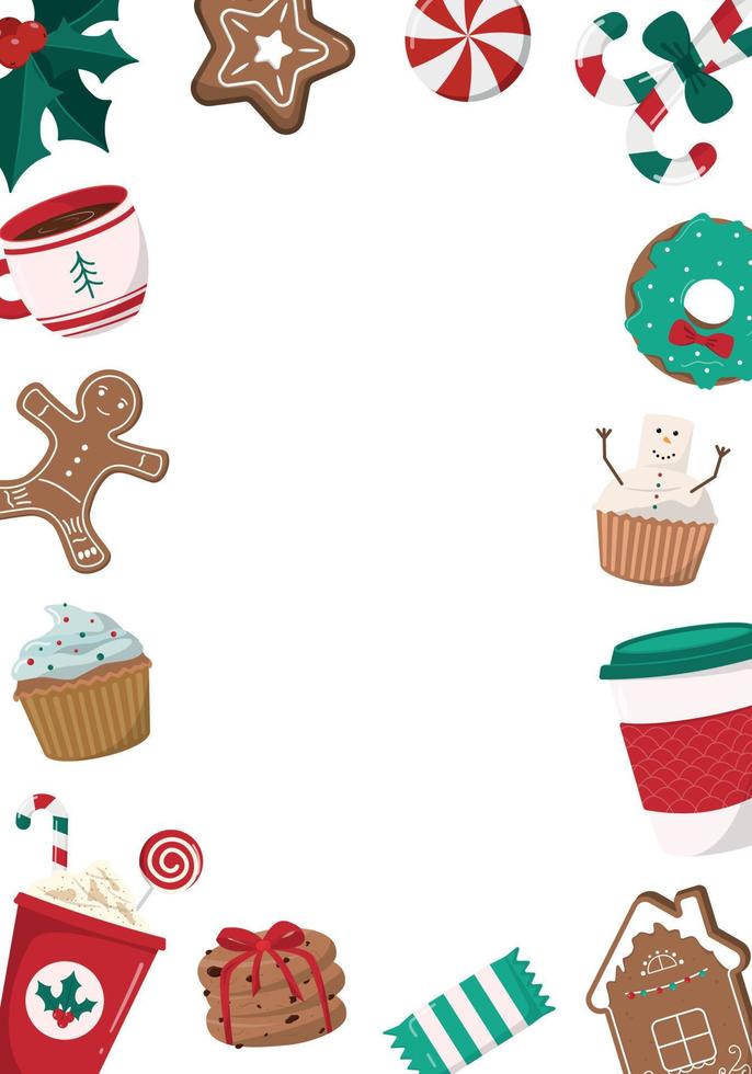 Cute Christmas frame with hot drinks, gingerbread cookies, and cupcakes on white background. Winter holidays, for kids, treats, New Year, Christmas market. Greeting card, banner vector