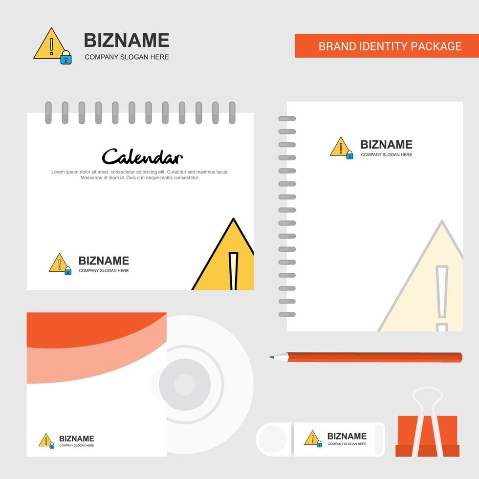 plantilla de calendario de logotipo de precaución plantilla de vector de diseño de paquete estacionario de marca usb y diario de portada de cd