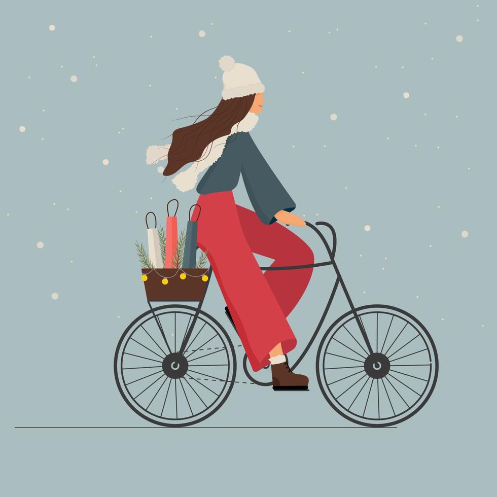 Girl on Bike with Presents, Shopping, Winter Scene, Premium Vector
