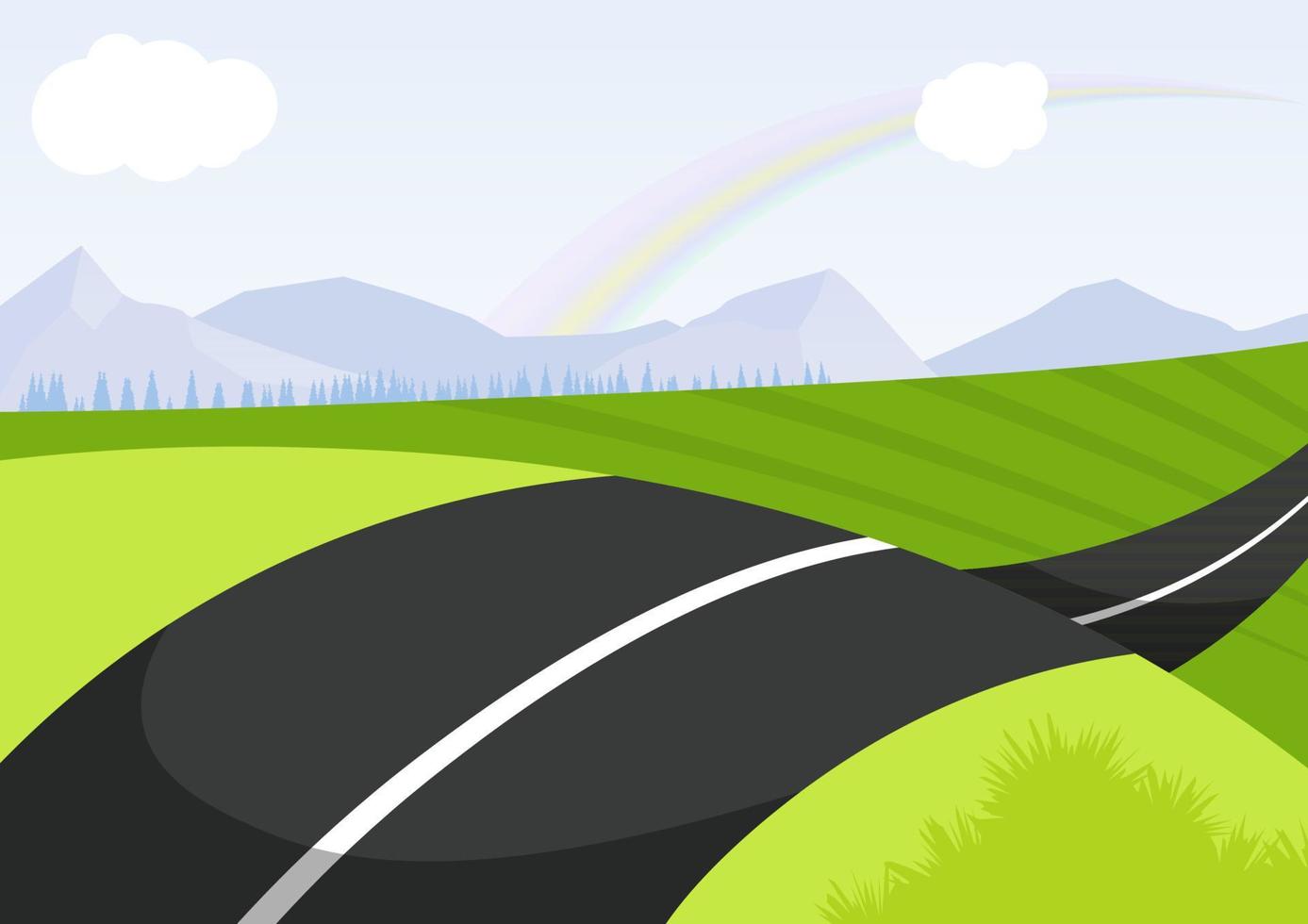 Road with sun and rainbow behind the mountains vector