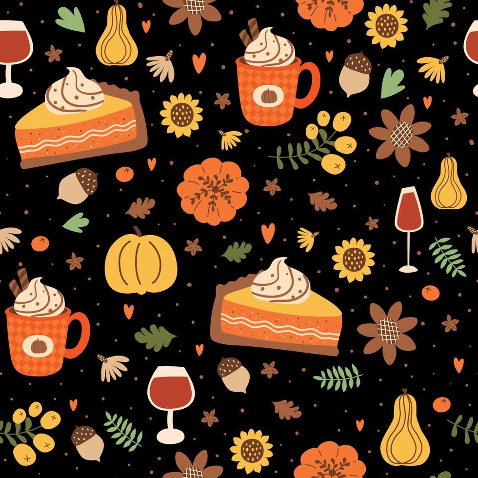 Thanksgiving dinner seamless pattern with pumpkin pie slice, pumpkin spice latte, autumn leaves, sunflower, pumpkins cute cartoon dark repeat background. Thanksgiving food vector illustration.