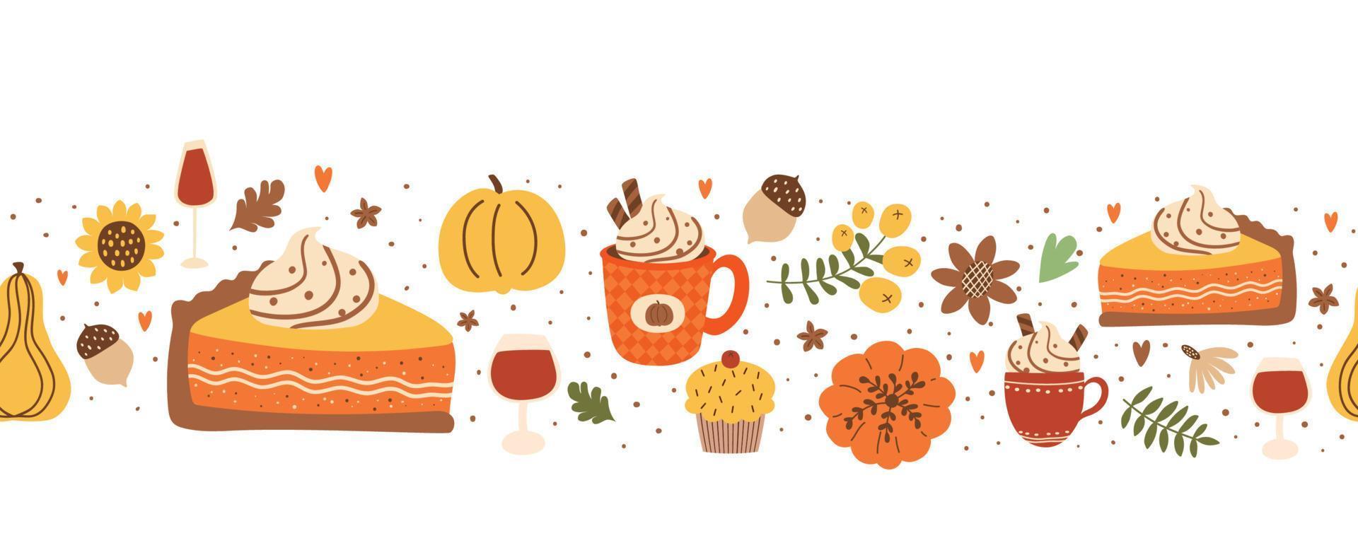 Fall pumpkin pie slice and pumpkin spice latte seamless horizontal border decorated fall leaves, flowers, acorns, berry. Vector autumn season repeat frame food. Cute Thanksgiving day illustration