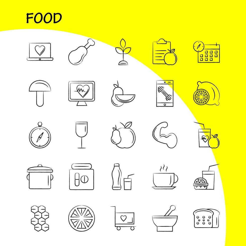 icono dibujado a mano de alimentos para impresión web y kit uxui móvil, como comida de limón, fruta, salud, hamburguesa, bebida, comida rápida, paquete de pictogramas, vector