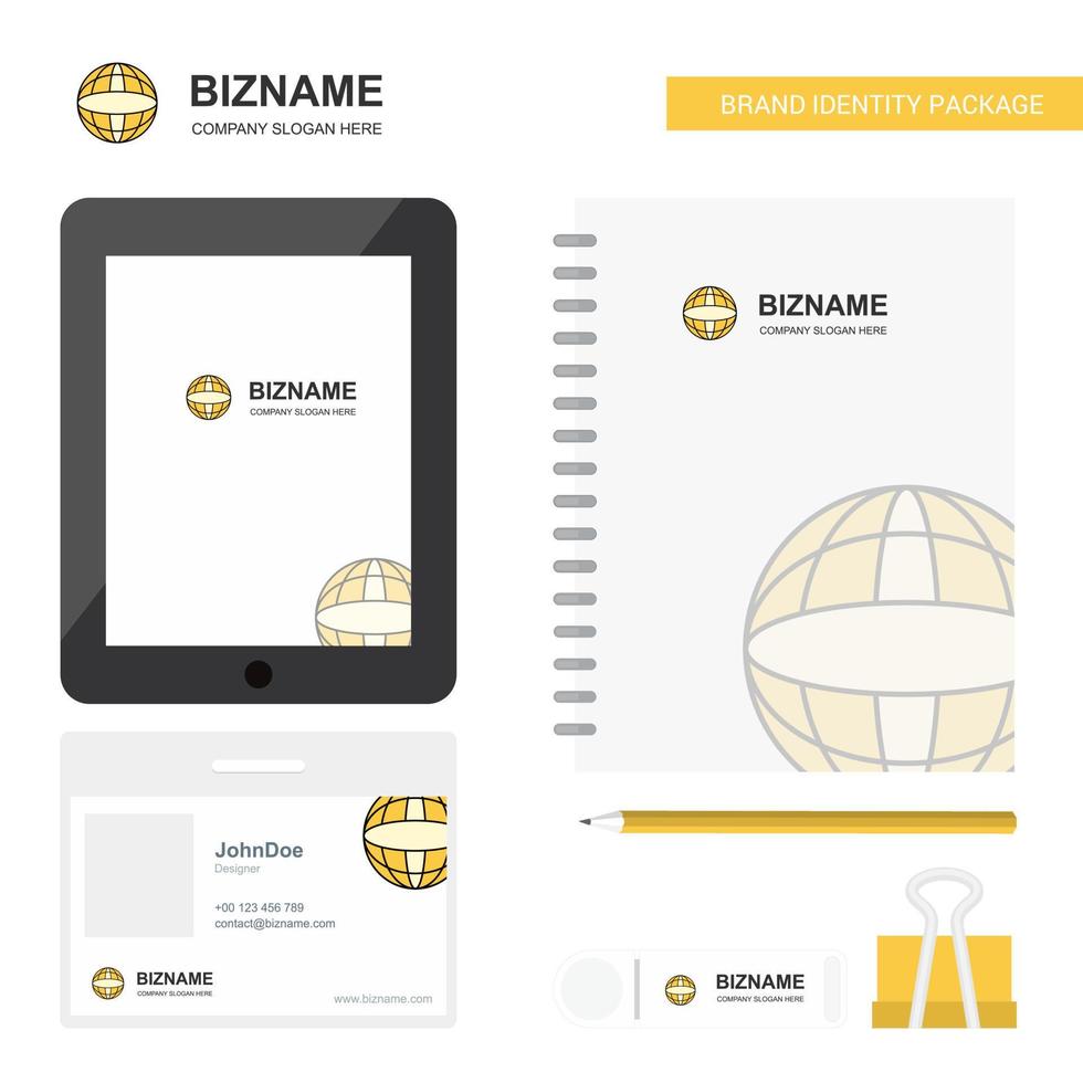 Globe Business Logo Tab App Diary PVC Employee Card and USB Brand Stationary Package Design Vector Template