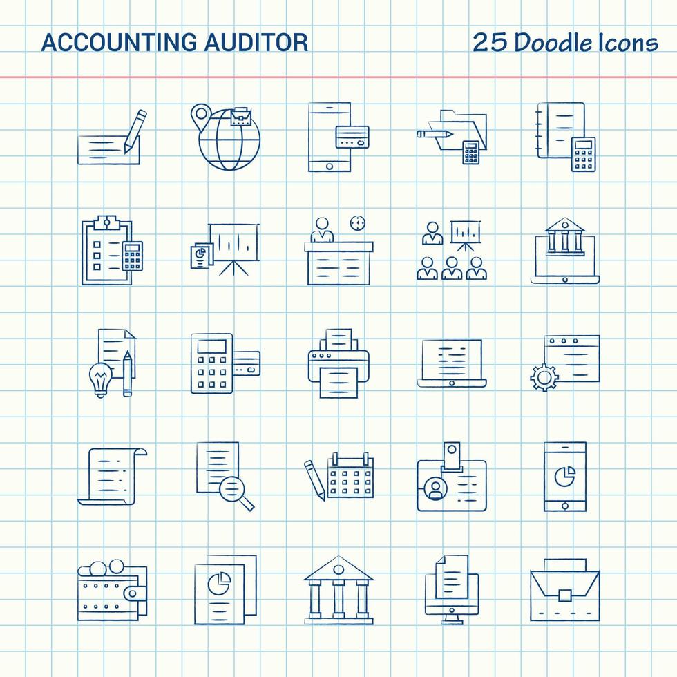 auditor de contabilidad 25 iconos de garabato conjunto de iconos de negocios dibujados a mano vector