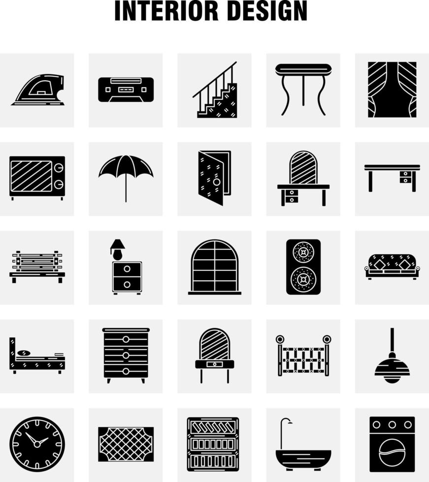 Interior Design Solid Glyph Icons Set For Infographics Mobile UXUI Kit And Print Design Include Switch Plug Electronics Electric Table Furniture Home Tables Eps 10 Vector