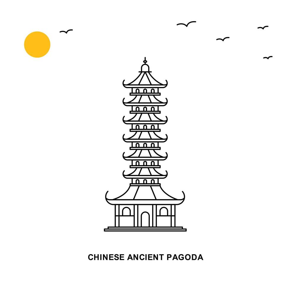 fondo de ilustración natural de viaje mundial de monumento de pagoda antigua china en estilo de línea vector