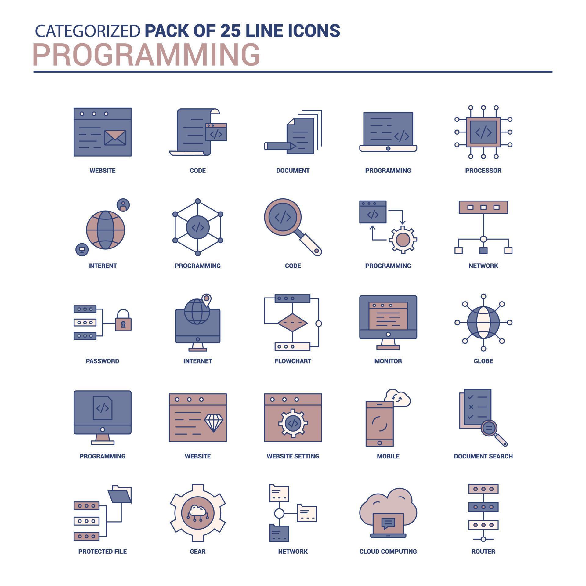 Vintage Programming Icon set 25 Flat Line icon set 14245470 Vector Art ...
