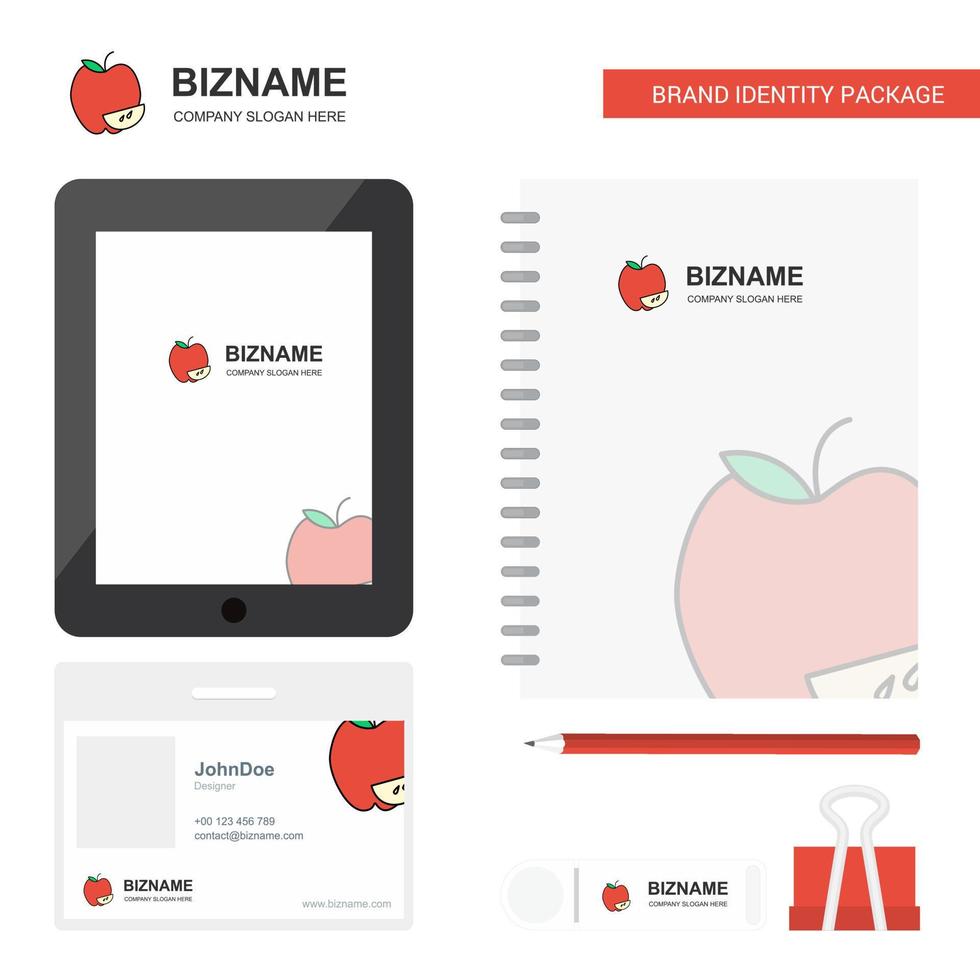 Apple Business Logo Tab App Diary PVC Employee Card and USB Brand Stationary Package Design Vector Template