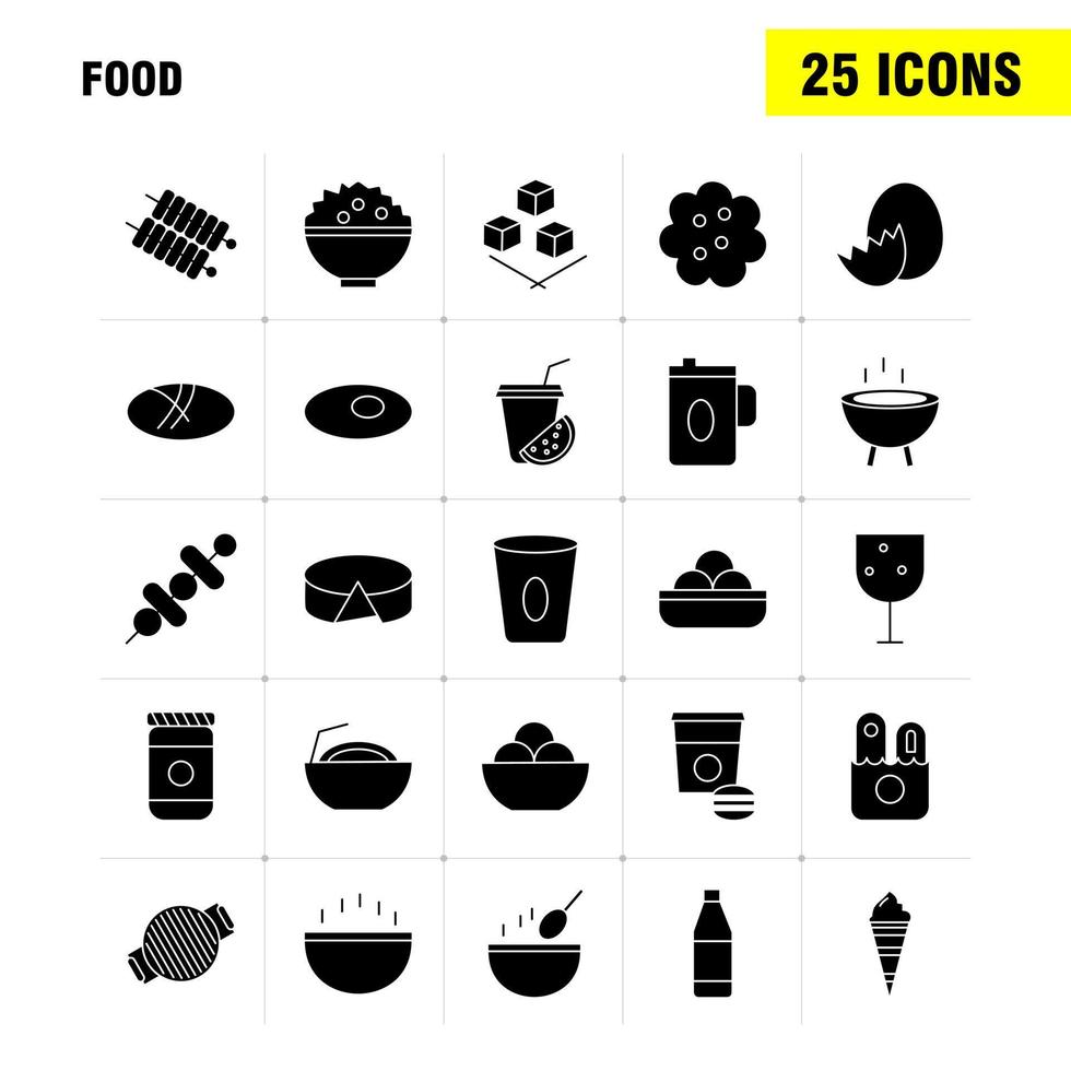 los iconos de glifo sólido de alimentos establecidos para infografías kit de uxui móvil y el diseño de impresión incluyen bebida jugo comida comida parrilla cocina comida comida colección moderno logotipo infográfico y pictograma vect vector