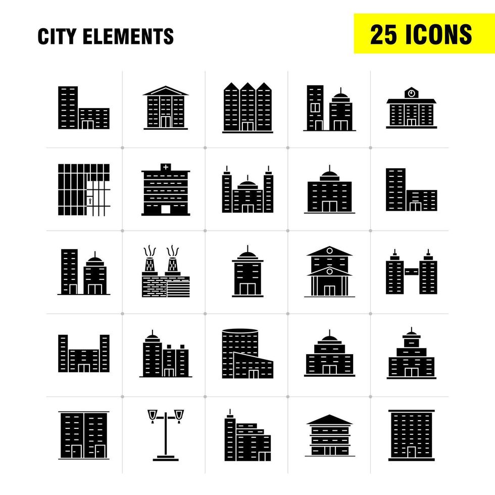 City Elements Solid Glyph Icons Set For Infographics Mobile UXUI Kit And Print Design Include Tower Building City Office Buildings Tower City Office Eps 10 Vector