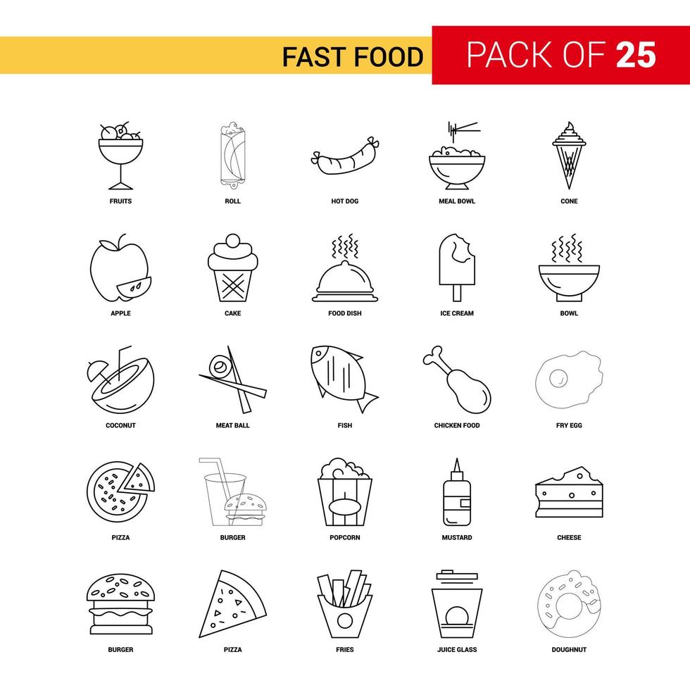 icono de línea negra de comida rápida 25 conjunto de iconos de esquema de negocios vector
