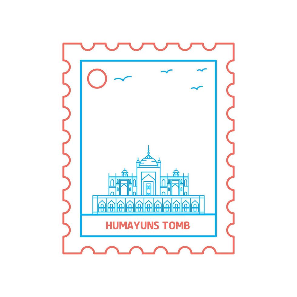 HUMAYUNS TOMB postage stamp Blue and red Line Style vector illustration