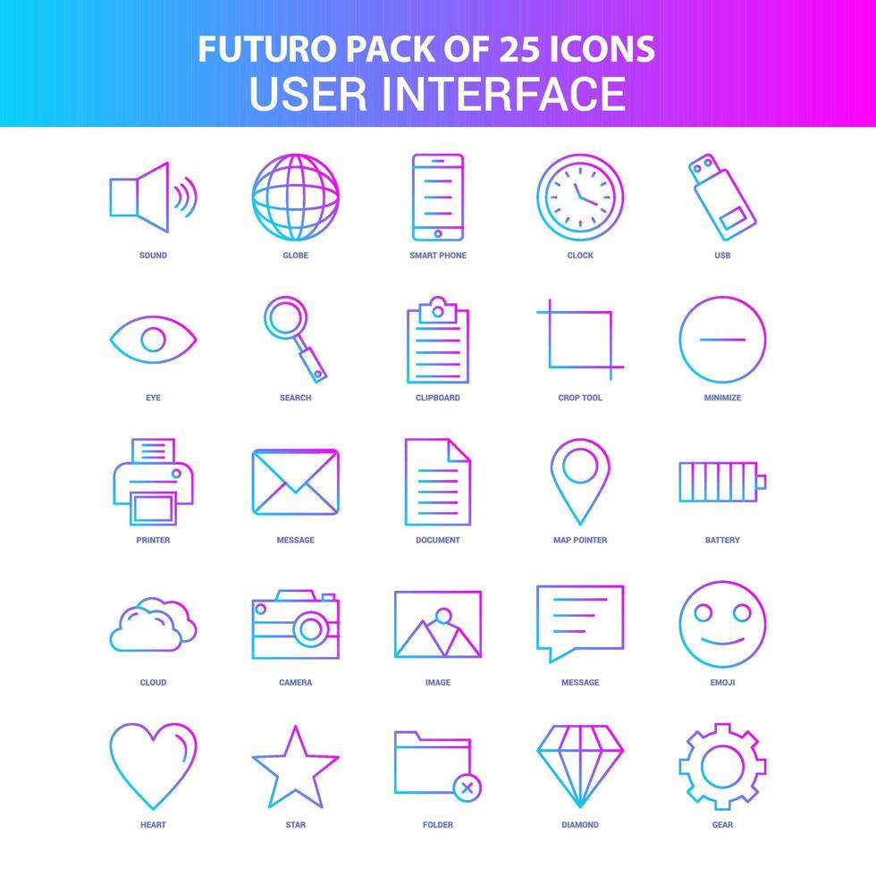 25 paquete de iconos de interfaz de usuario de futuro azul y rosa vector