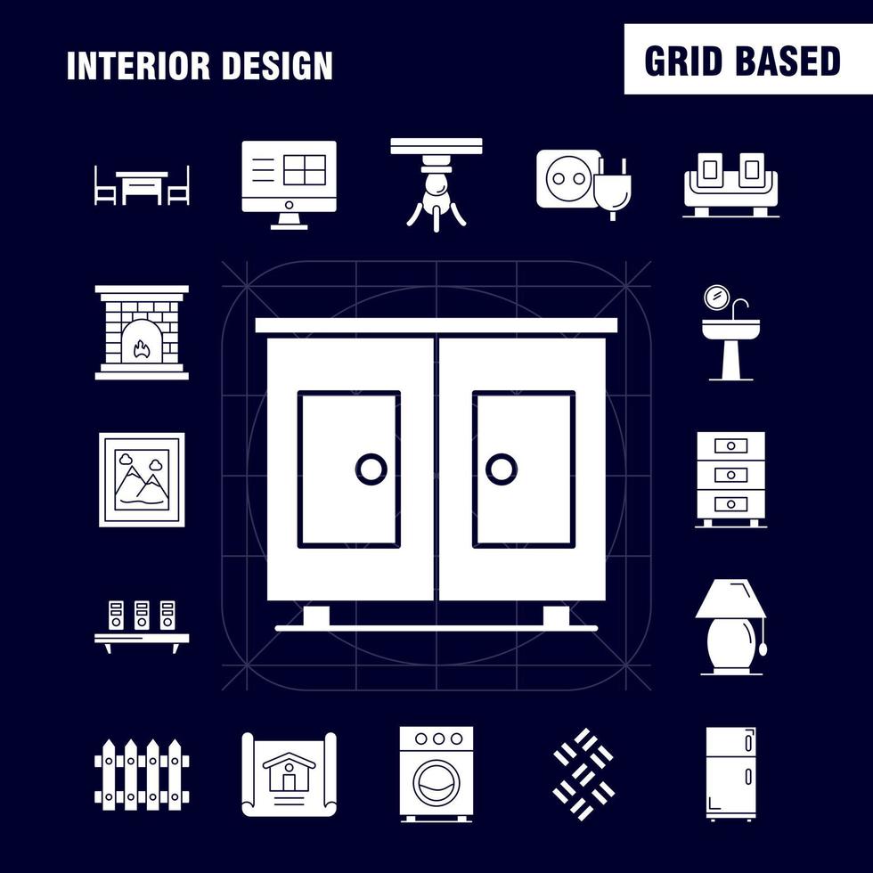 Interior Design Solid Glyph Icons Set For Infographics Mobile UXUI Kit And Print Design Include Medical File Document Table Bidet Furniture Water Mirror Eps 10 Vector