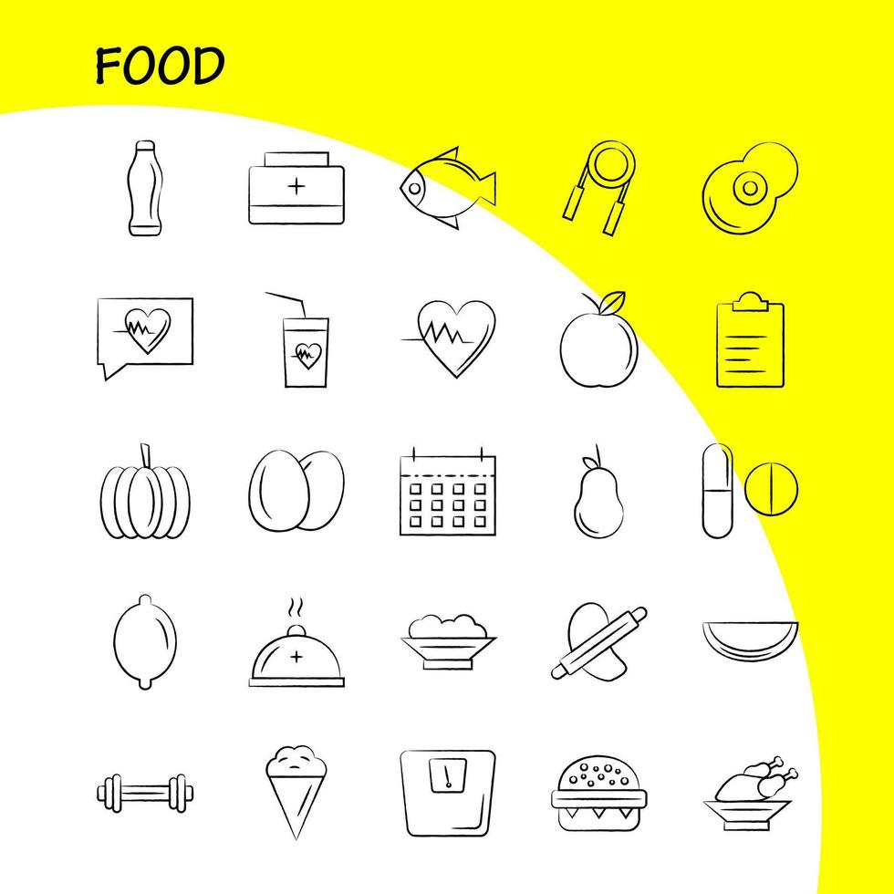 icono dibujado a mano de alimentos para impresión web y kit de uxui móvil, como vaso de bebida, latido del corazón, pastillas de medicina médica, paquete de pictogramas de drogas, vector