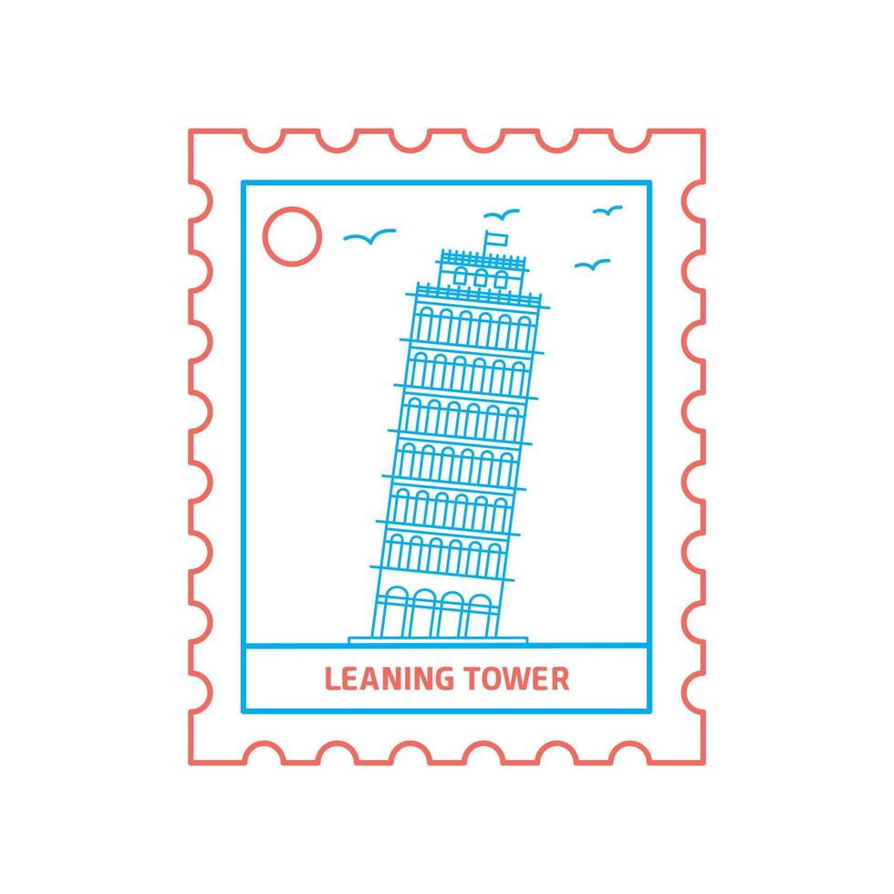 torre inclinada sello postal azul y rojo línea estilo vector ilustración