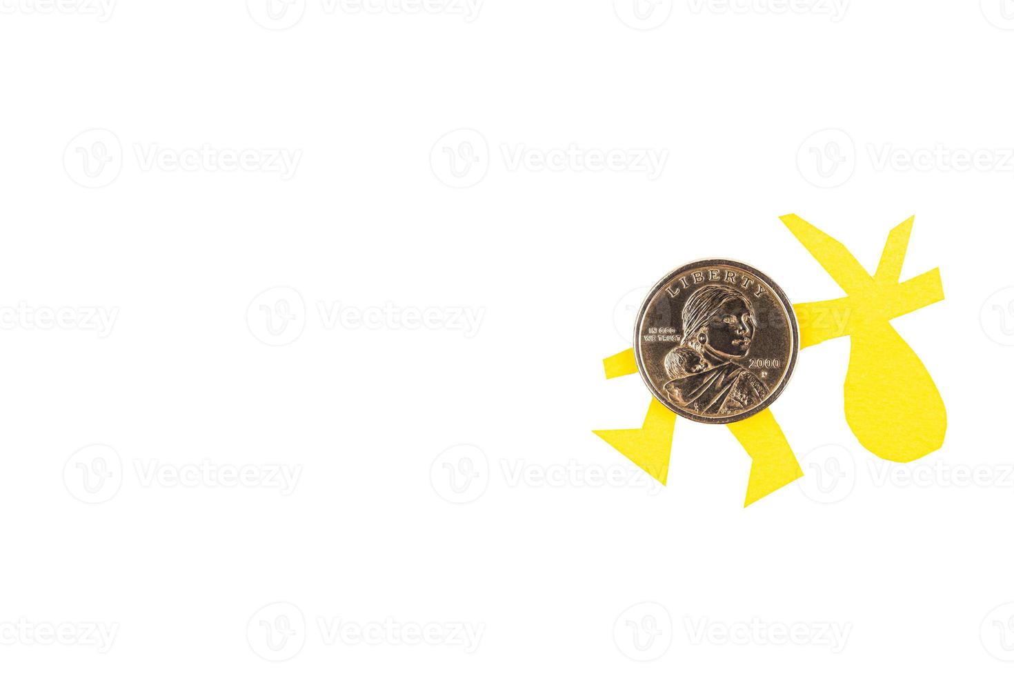 Coin, one US dollar, comes with a bag, a bag for things, gifts, surprises. A crisis. White isolated background. copy space. photo