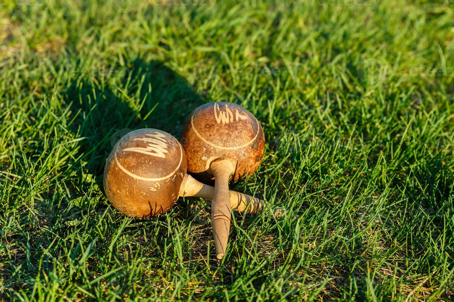 Cuban maracas lie on the green grass. photo