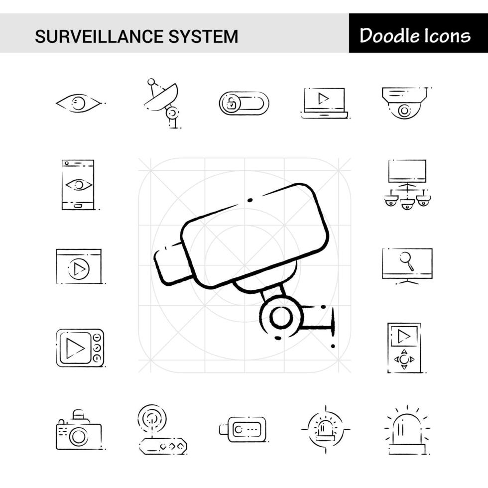 conjunto de 17 iconos dibujados a mano de vigilancia vector