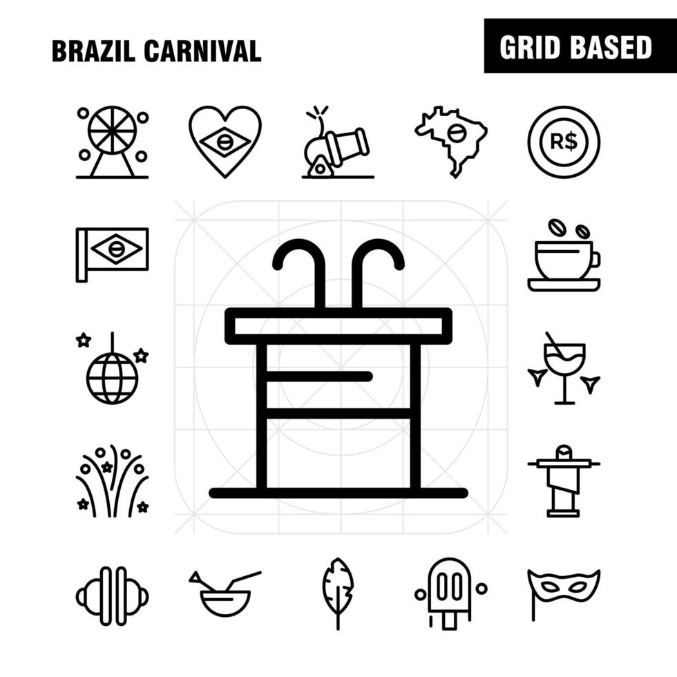 Brazil Carnival Line Icon Pack For Designers And Developers Icons Of Tea Cup Coffee Tablet Currency Coin Money Cannon Vector