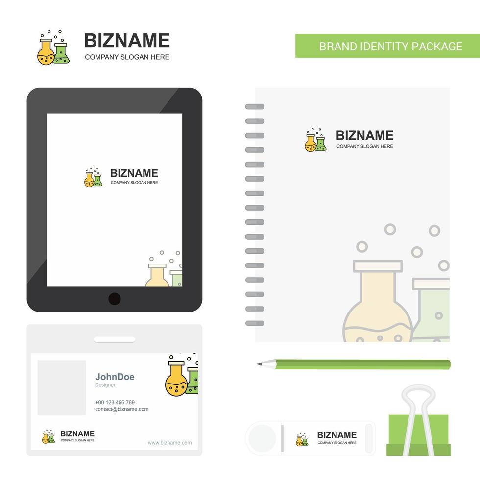 Chemical flask Business Logo Tab App Diary PVC Employee Card and USB Brand Stationary Package Design Vector Template