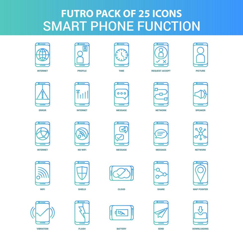25 Green and Blue Futuro Smart phone functions Icon Pack vector