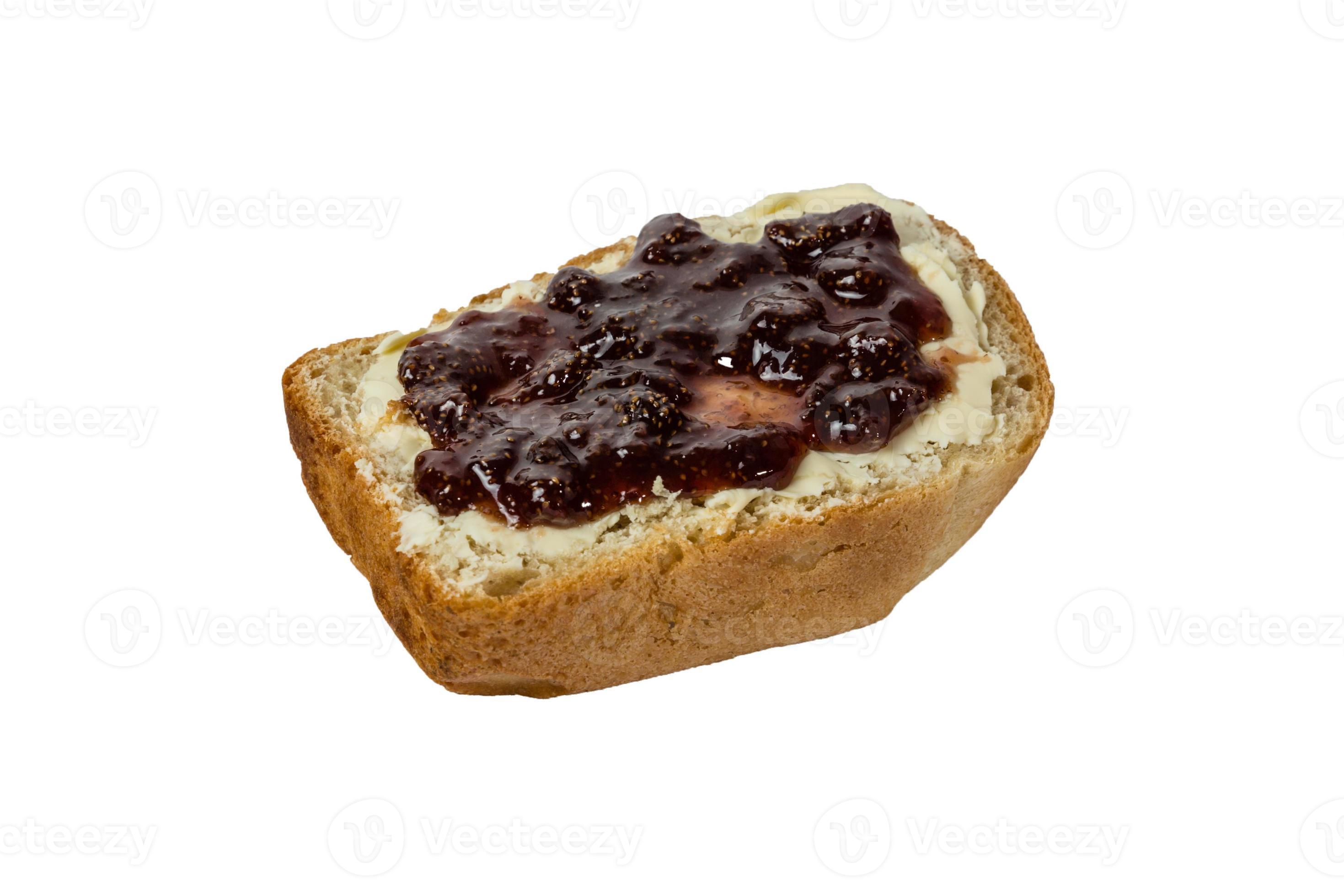 slice of white bread with butter and strawberry jam isolated on white