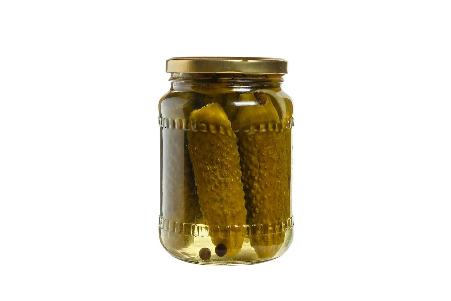 glass jar with cucumbers on a white background photo