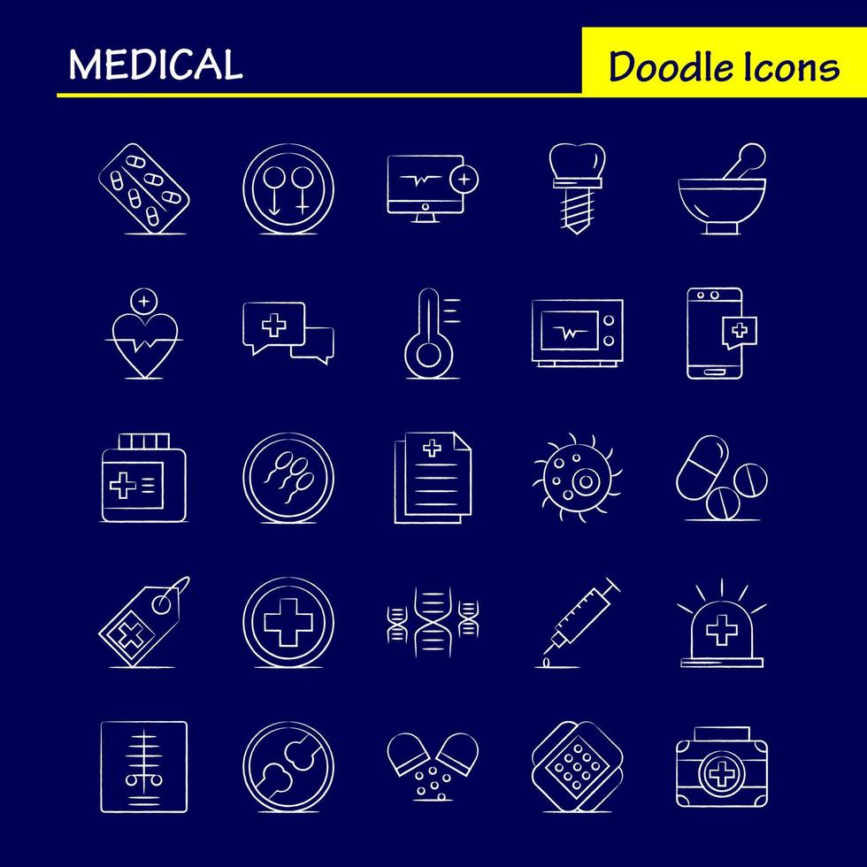 conjunto de iconos médicos dibujados a mano para infografías, kit de uxui móvil y diseño de impresión, incluye pulso de pulso de computadora, medicamento médico, píldoras médicas, conjunto de iconos de hueso, vector