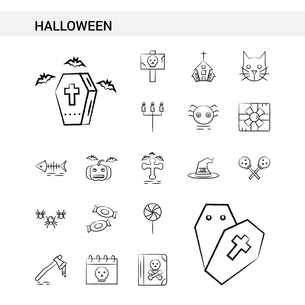 Halloween hand drawn Icon set style isolated on white background Vector